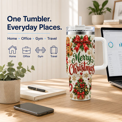 Merry Christmas 40oz Tumbler with Handle, Festive Holiday Drinkware