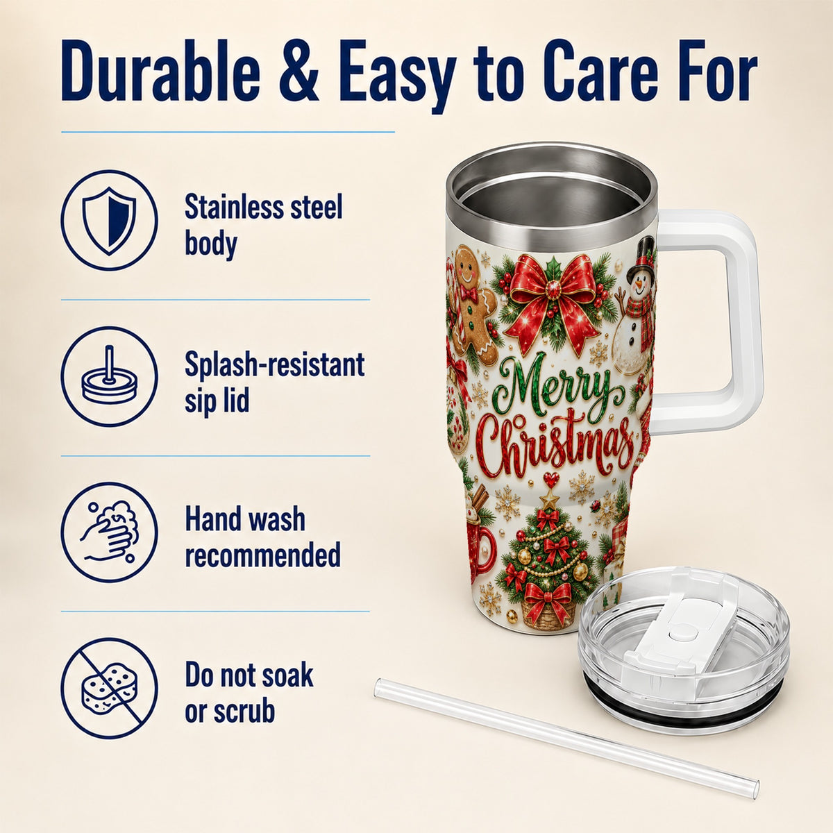 Merry Christmas 40oz Tumbler with Handle, Festive Holiday Drinkware