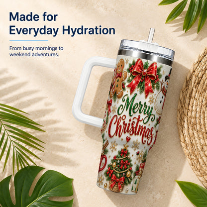 Merry Christmas 40oz Tumbler with Handle, Festive Holiday Drinkware