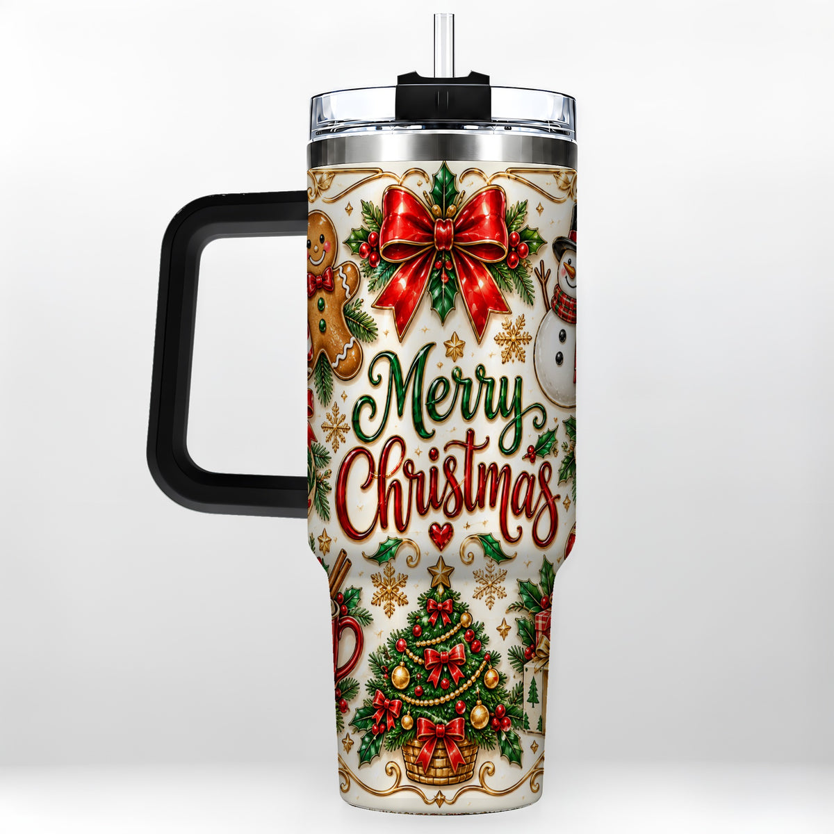 #pl[40oz|Black] Ornate Christmas 40oz Tumbler with Handle, Victorian Holiday Style