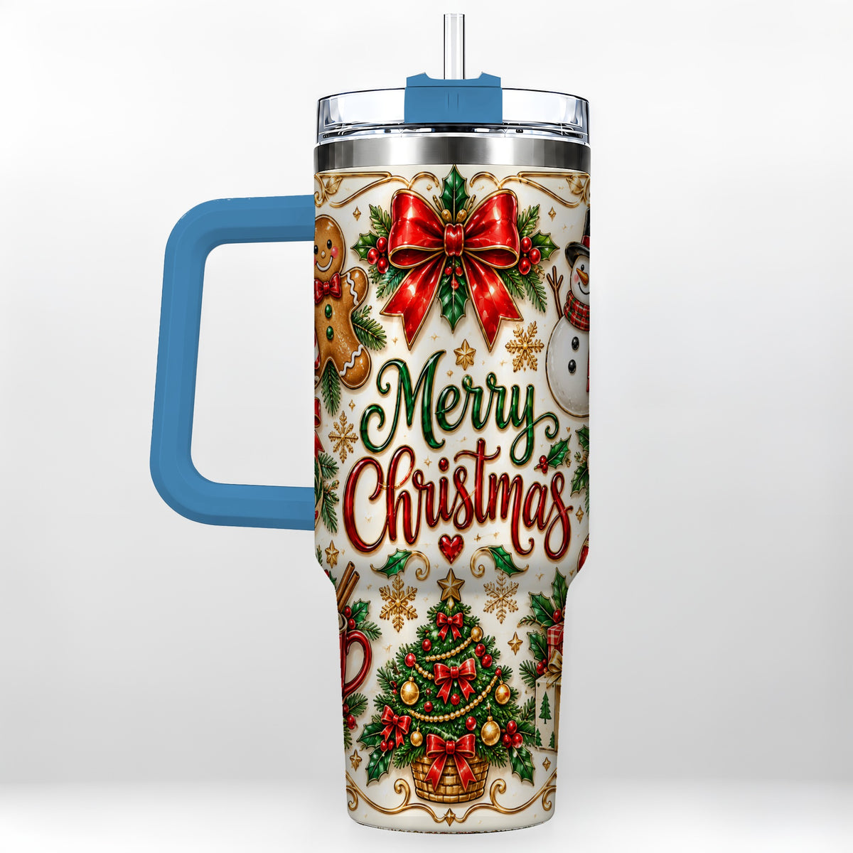 #pl[40oz|Blue] Ornate Christmas 40oz Tumbler with Handle, Victorian Holiday Style