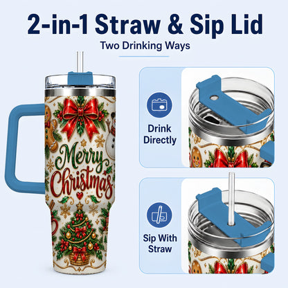 #pl[40oz|Blue] Ornate Christmas 40oz Tumbler with Handle, Victorian Holiday Style