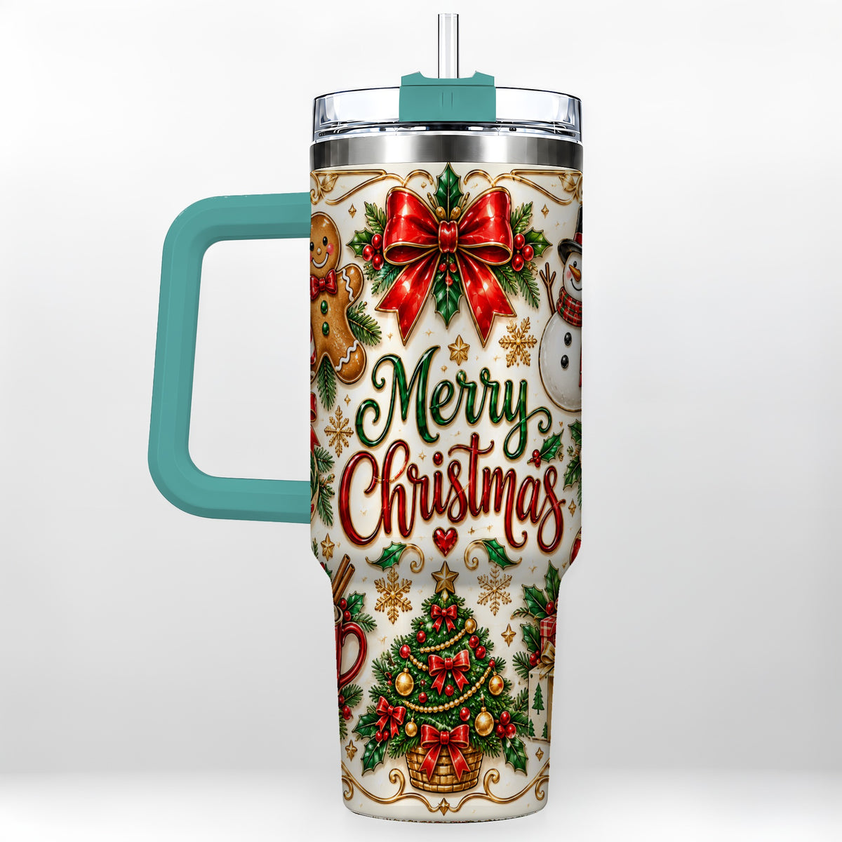 #pl[40oz|Green] Ornate Christmas 40oz Tumbler with Handle, Victorian Holiday Style