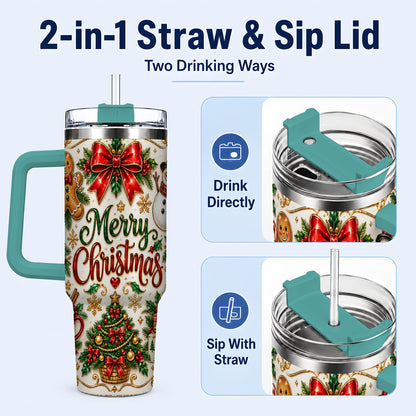 #pl[40oz|Green] Ornate Christmas 40oz Tumbler with Handle, Victorian Holiday Style