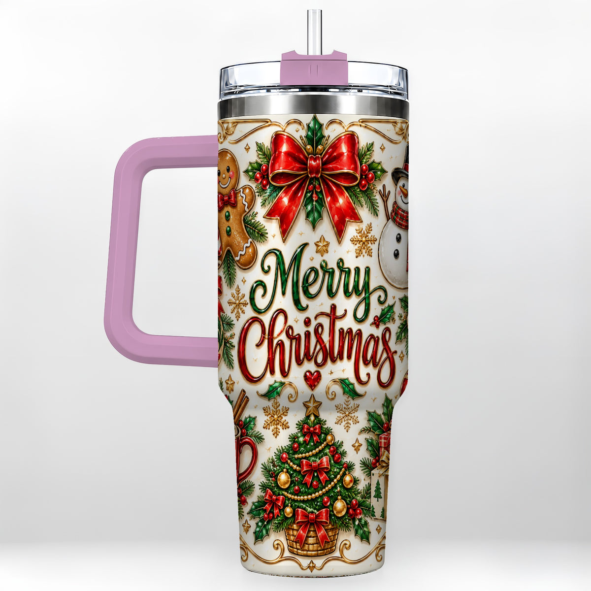 #pl[40oz|Pink] Ornate Christmas 40oz Tumbler with Handle, Victorian Holiday Style