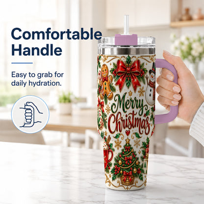 #pl[40oz|Pink] Ornate Christmas 40oz Tumbler with Handle, Victorian Holiday Style