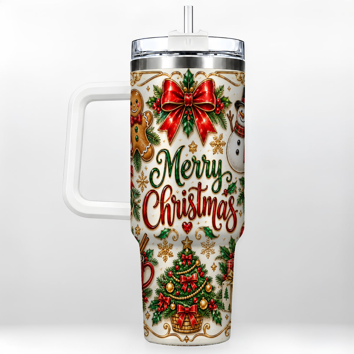 Ornate Christmas 40oz Tumbler with Handle, Victorian Holiday Style