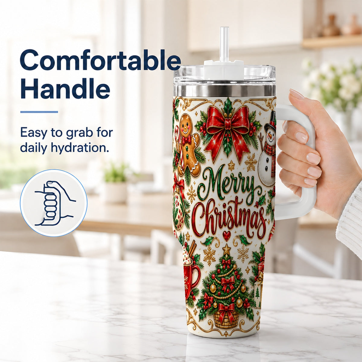 #pl[40oz|White] Ornate Christmas 40oz Tumbler with Handle, Victorian Holiday Style