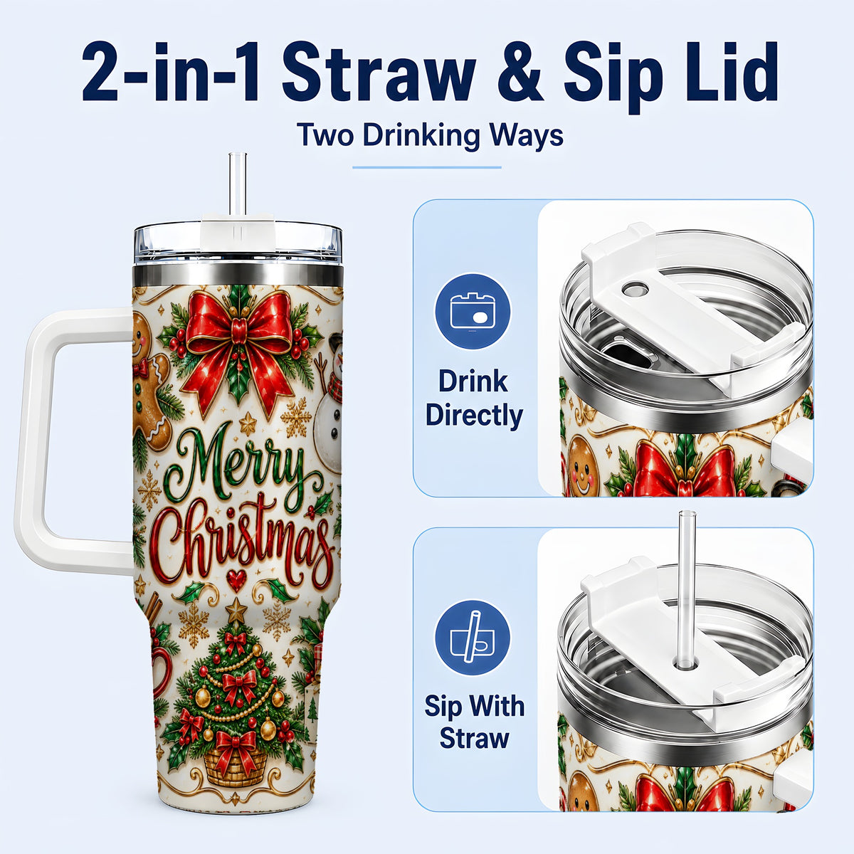 #pl[40oz|White] Ornate Christmas 40oz Tumbler with Handle, Victorian Holiday Style