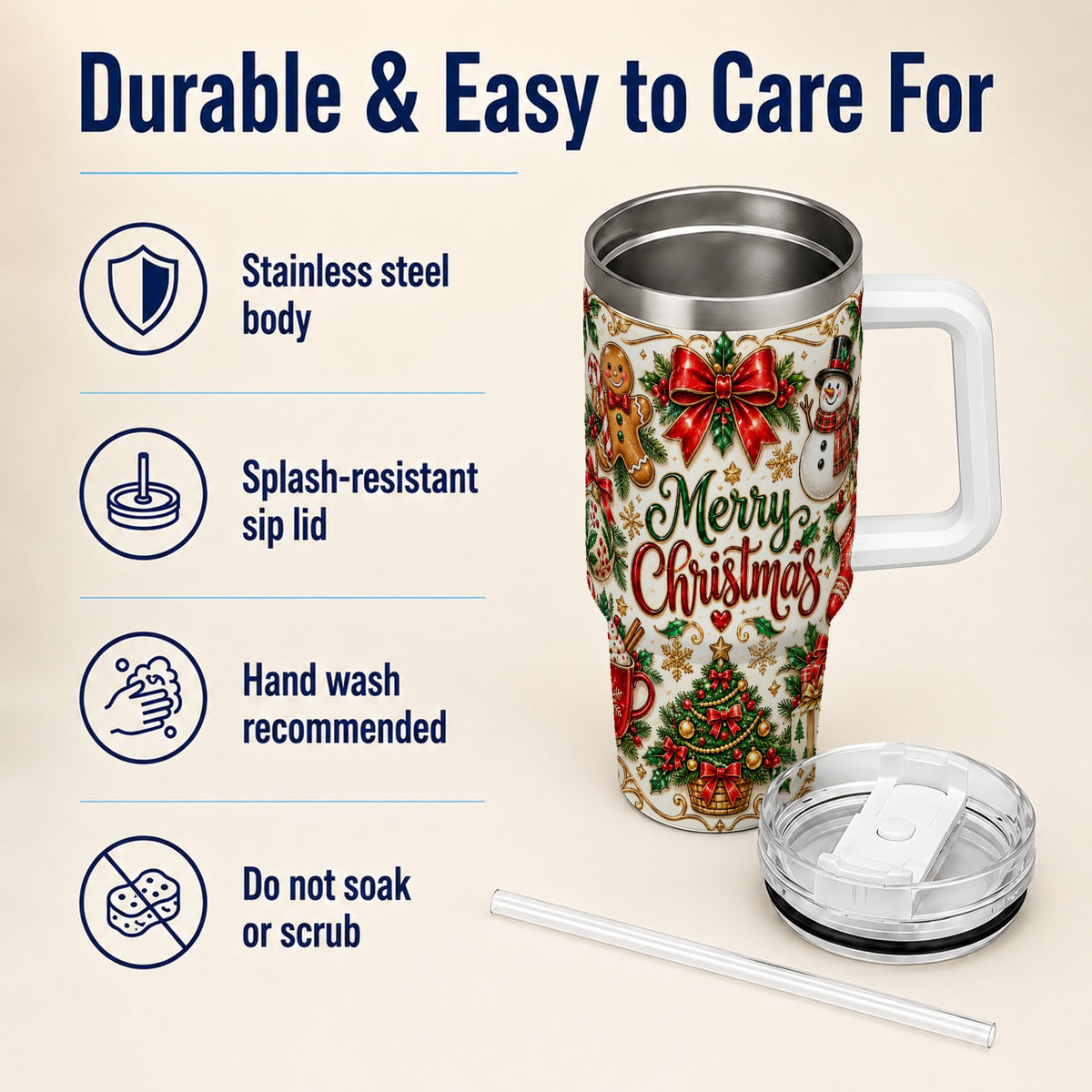 Ornate Christmas 40oz Tumbler with Handle, Victorian Holiday Style