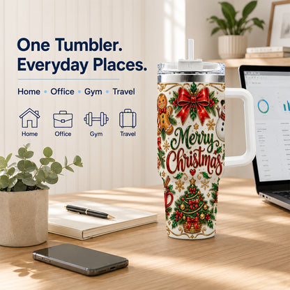Ornate Christmas 40oz Tumbler with Handle, Victorian Holiday Style