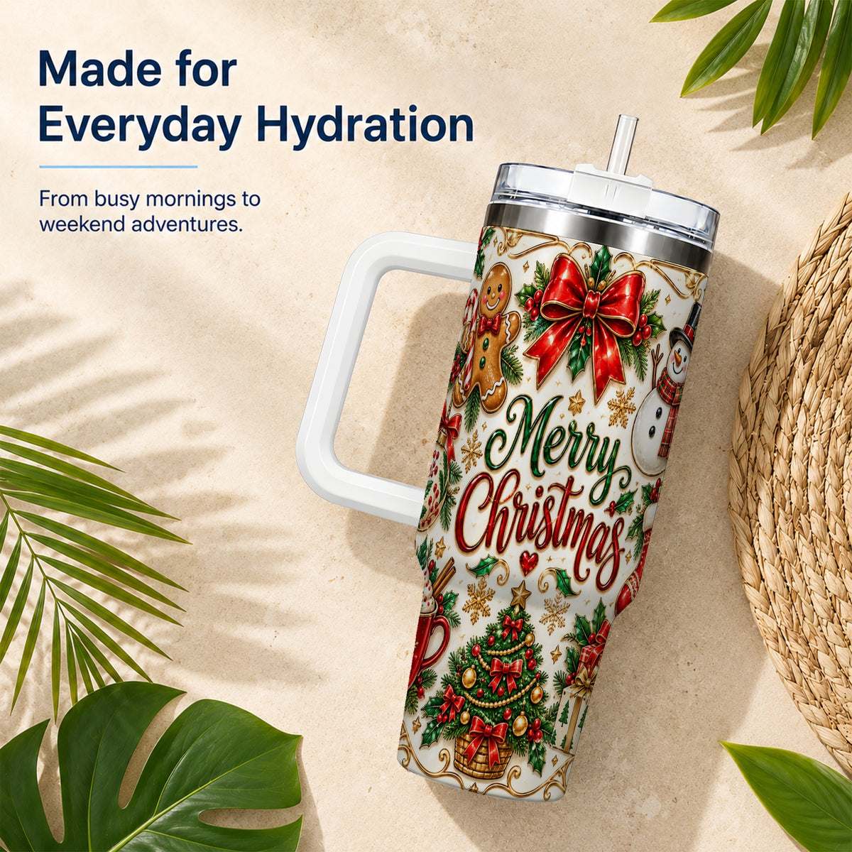 Ornate Christmas 40oz Tumbler with Handle, Victorian Holiday Style