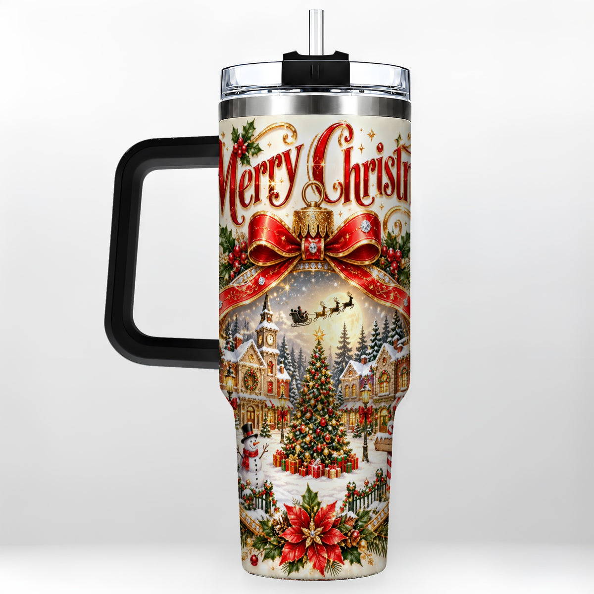 #pl[40oz|Black] Christmas Village 40oz Tumbler with Handle, Snowy Holiday Scene