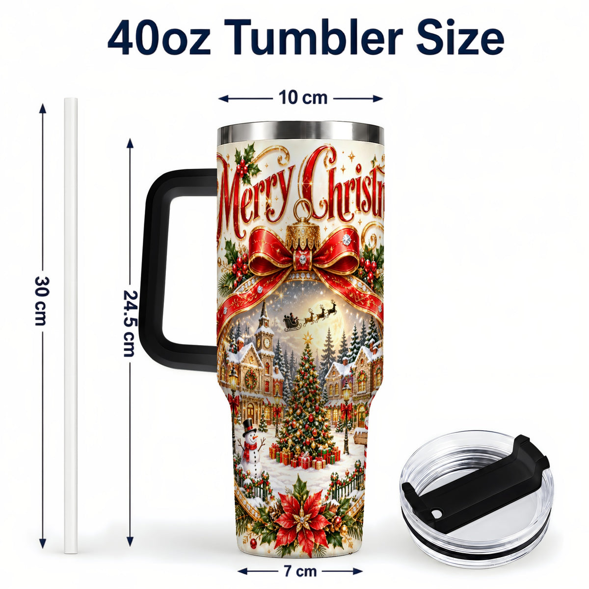 #pl[40oz|Black] Christmas Village 40oz Tumbler with Handle, Snowy Holiday Scene