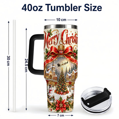 #pl[40oz|Black] Christmas Village 40oz Tumbler with Handle, Snowy Holiday Scene