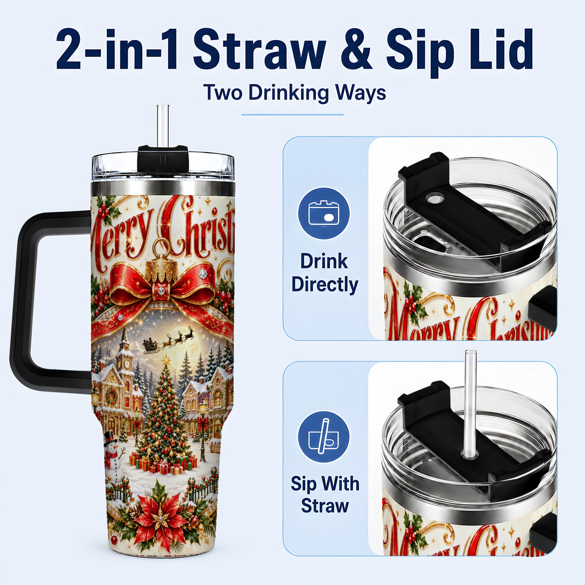 #pl[40oz|Black] Christmas Village 40oz Tumbler with Handle, Snowy Holiday Scene