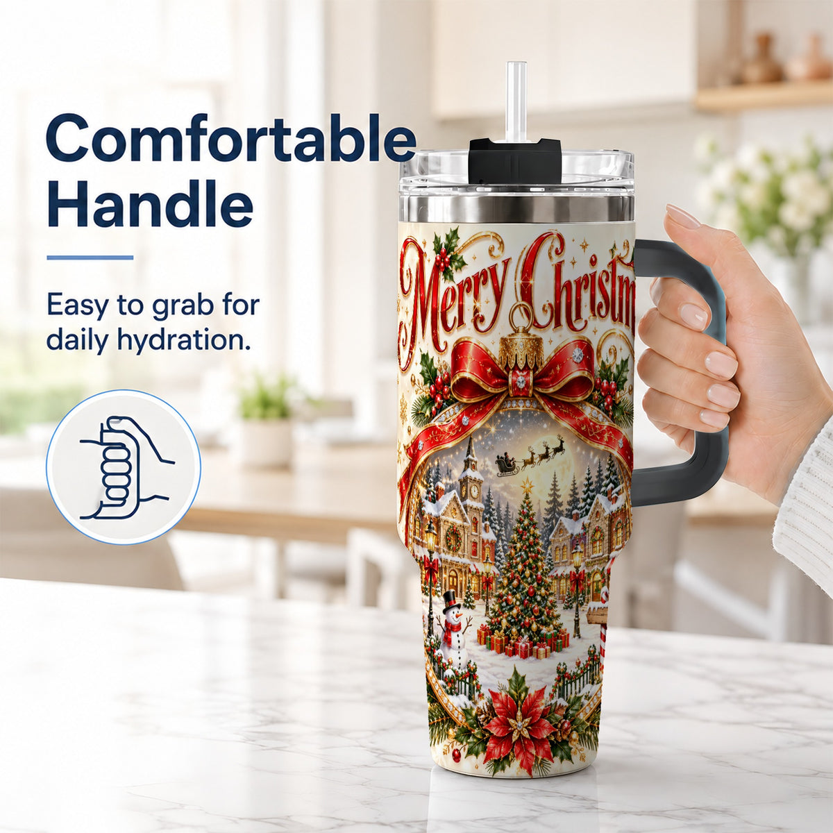 #pl[40oz|Black] Christmas Village 40oz Tumbler with Handle, Snowy Holiday Scene