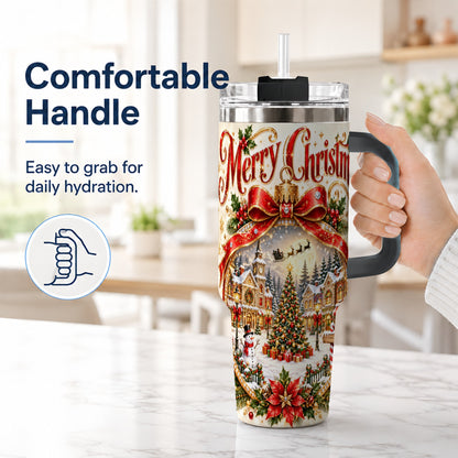 #pl[40oz|Black] Christmas Village 40oz Tumbler with Handle, Snowy Holiday Scene