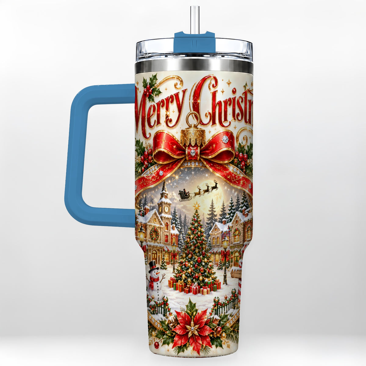 #pl[40oz|Blue] Christmas Village 40oz Tumbler with Handle, Snowy Holiday Scene