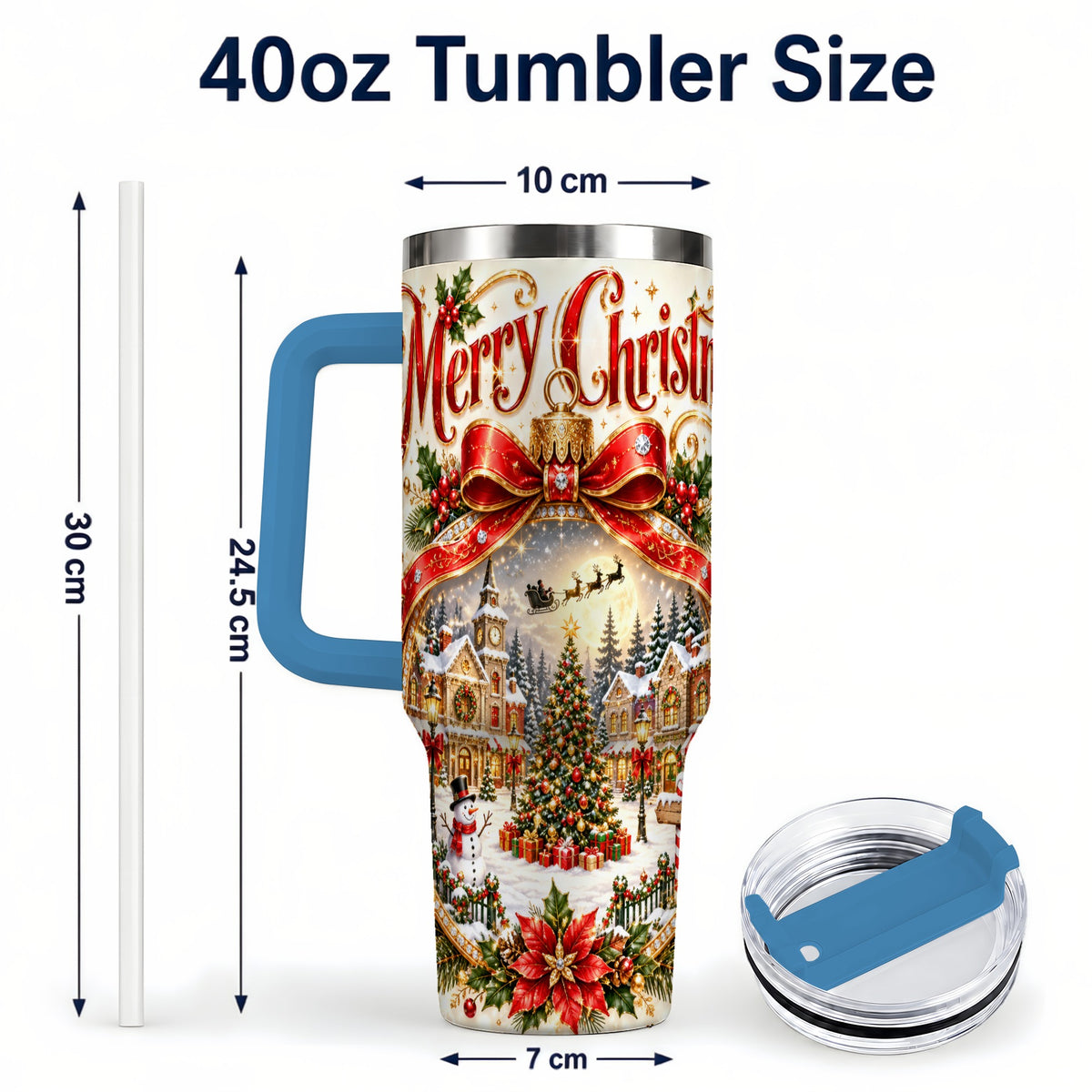 #pl[40oz|Blue] Christmas Village 40oz Tumbler with Handle, Snowy Holiday Scene