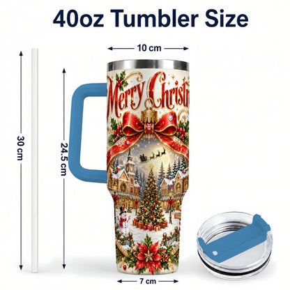 #pl[40oz|Blue] Christmas Village 40oz Tumbler with Handle, Snowy Holiday Scene