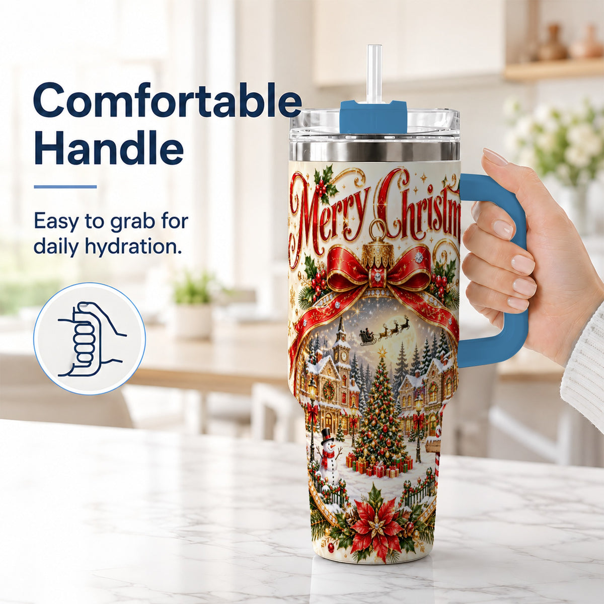 #pl[40oz|Blue] Christmas Village 40oz Tumbler with Handle, Snowy Holiday Scene