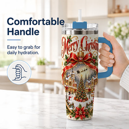 #pl[40oz|Blue] Christmas Village 40oz Tumbler with Handle, Snowy Holiday Scene