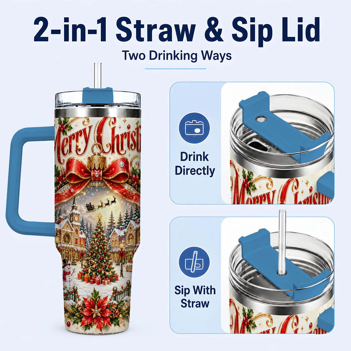 #pl[40oz|Blue] Christmas Village 40oz Tumbler with Handle, Snowy Holiday Scene