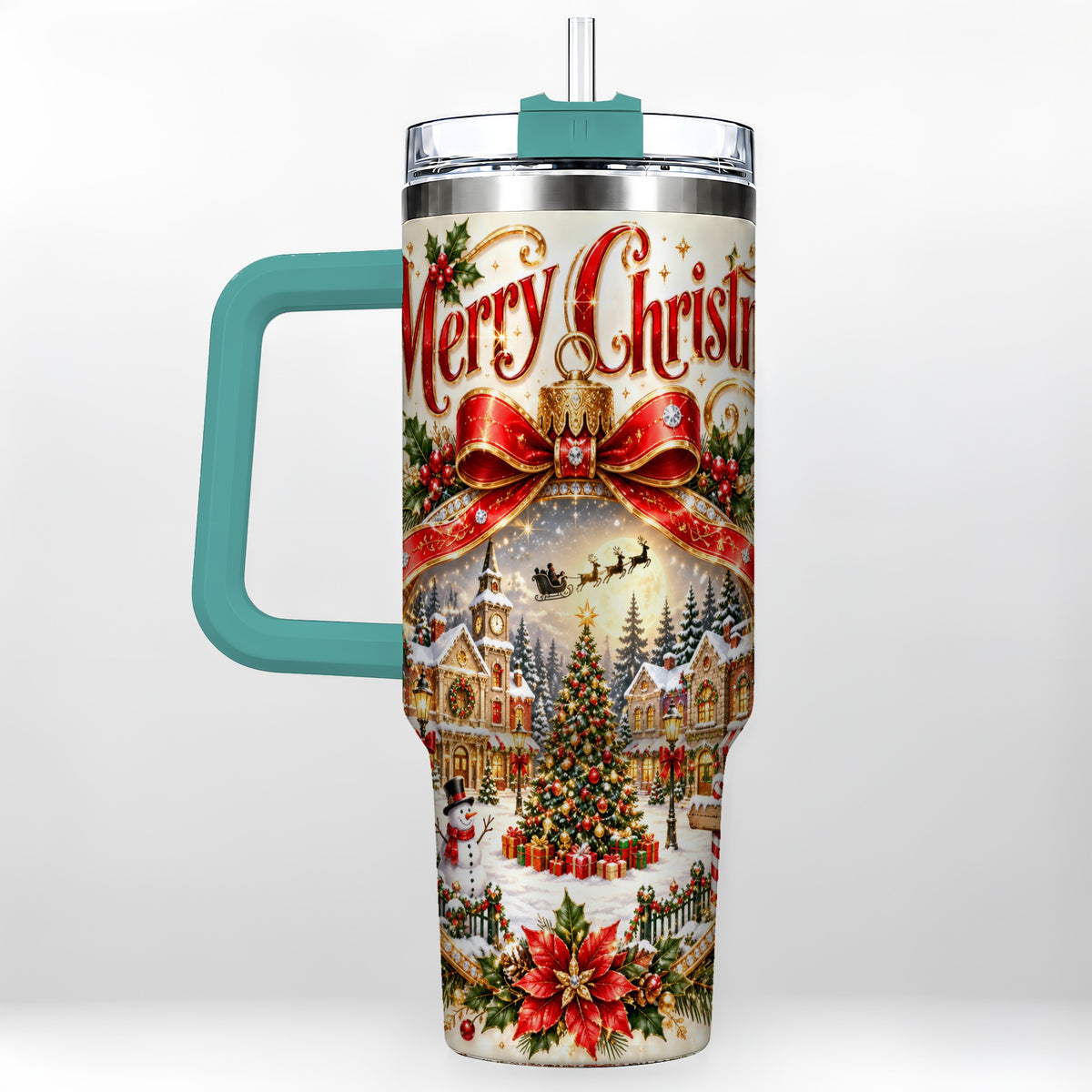 #pl[40oz|Green] Christmas Village 40oz Tumbler with Handle, Snowy Holiday Scene