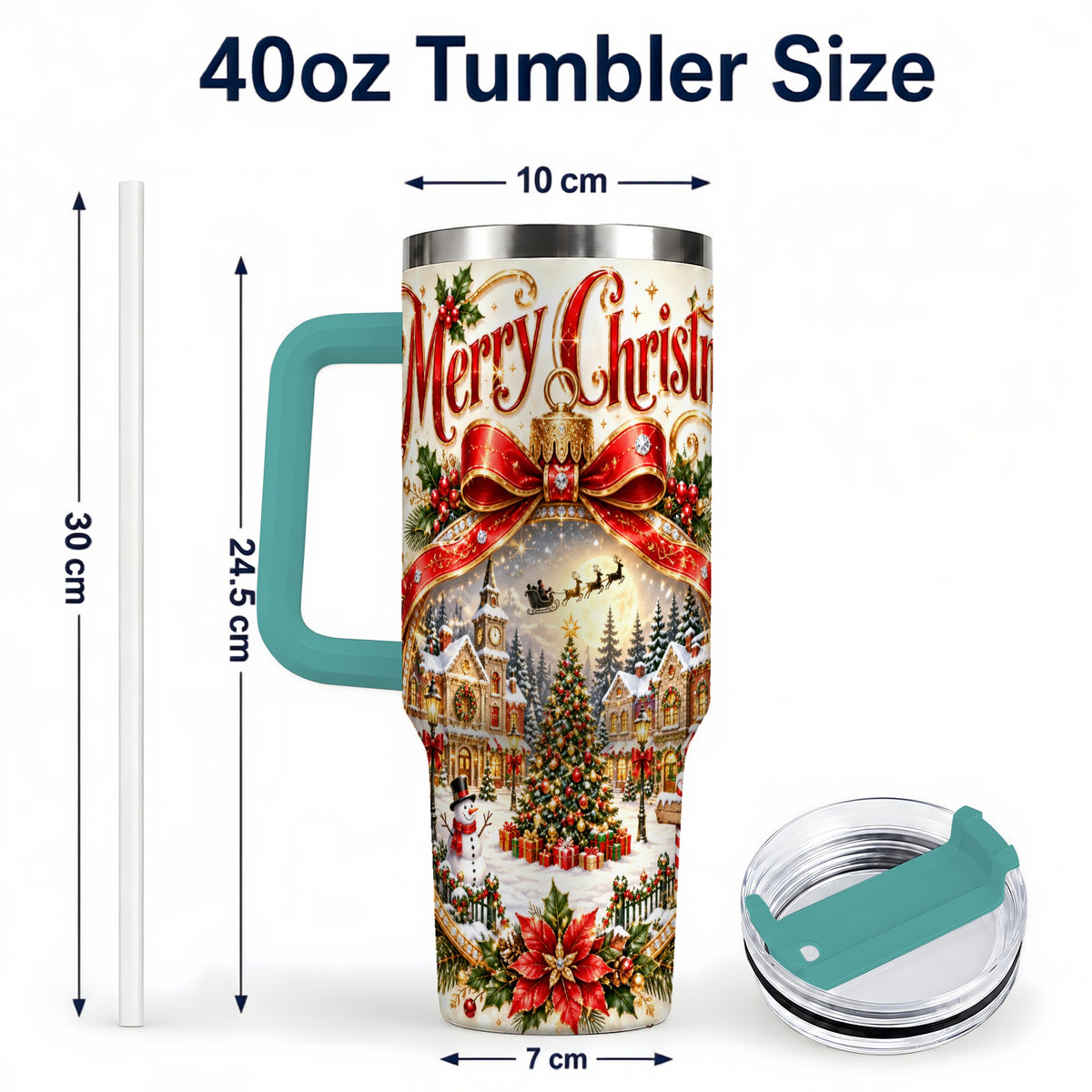 #pl[40oz|Green] Christmas Village 40oz Tumbler with Handle, Snowy Holiday Scene