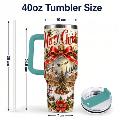 #pl[40oz|Green] Christmas Village 40oz Tumbler with Handle, Snowy Holiday Scene