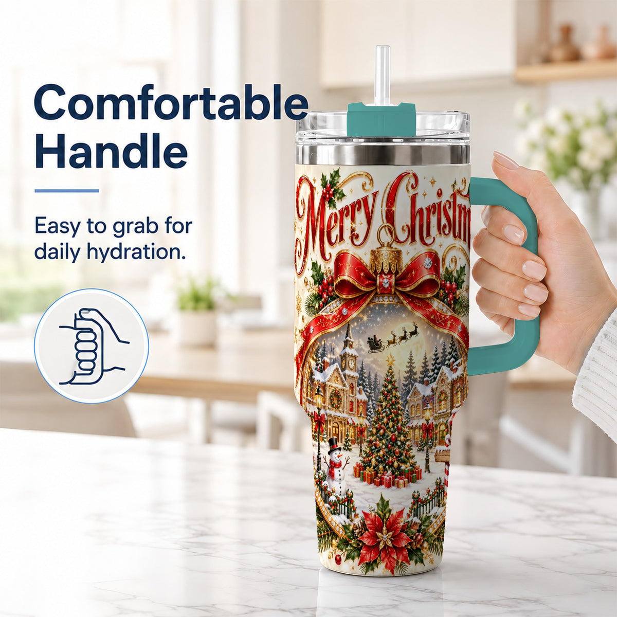 #pl[40oz|Green] Christmas Village 40oz Tumbler with Handle, Snowy Holiday Scene