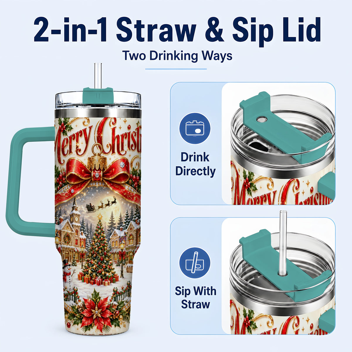 #pl[40oz|Green] Christmas Village 40oz Tumbler with Handle, Snowy Holiday Scene