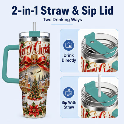 #pl[40oz|Green] Christmas Village 40oz Tumbler with Handle, Snowy Holiday Scene