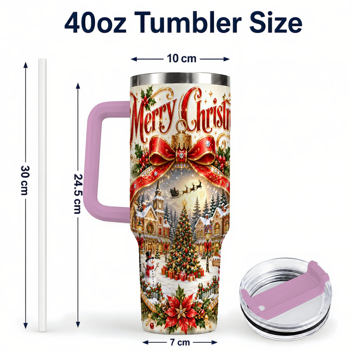 #pl[40oz|Pink] Christmas Village 40oz Tumbler with Handle, Snowy Holiday Scene