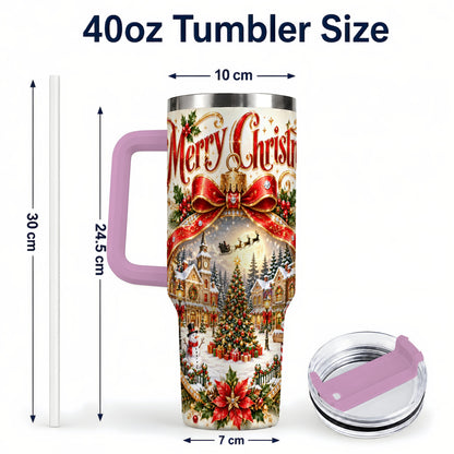 #pl[40oz|Pink] Christmas Village 40oz Tumbler with Handle, Snowy Holiday Scene