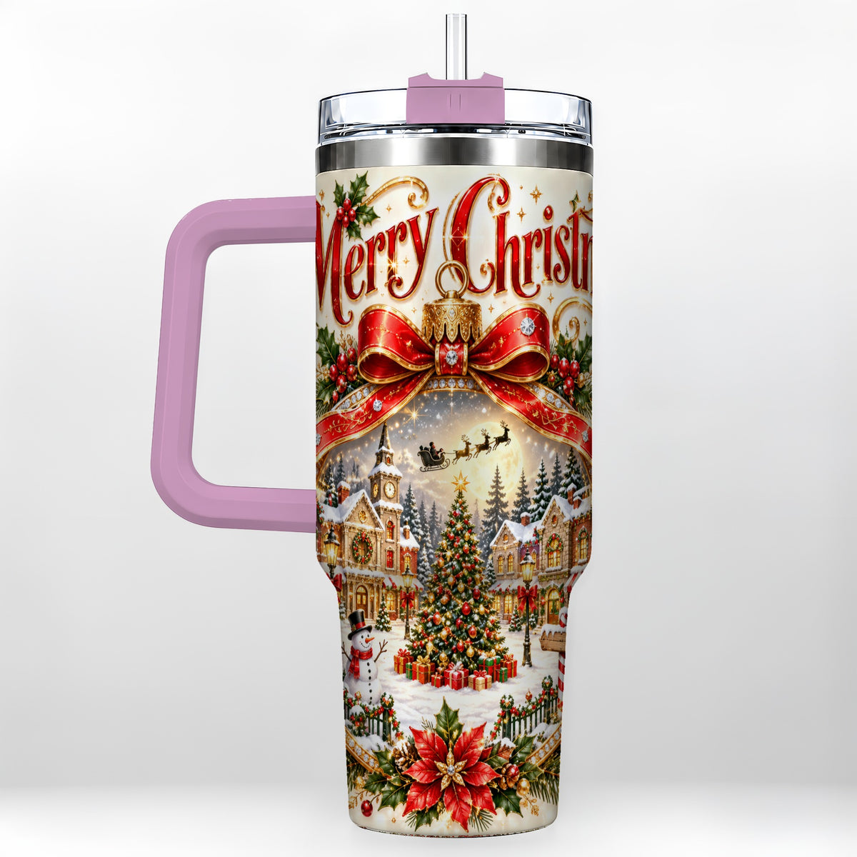 #pl[40oz|Pink] Christmas Village 40oz Tumbler with Handle, Snowy Holiday Scene