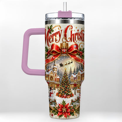 #pl[40oz|Pink] Christmas Village 40oz Tumbler with Handle, Snowy Holiday Scene