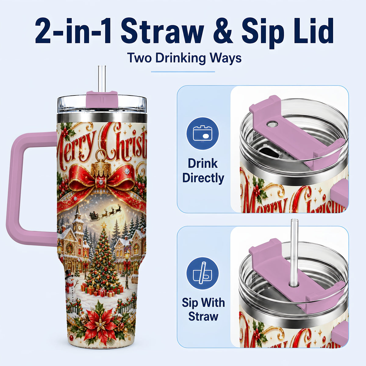 #pl[40oz|Pink] Christmas Village 40oz Tumbler with Handle, Snowy Holiday Scene