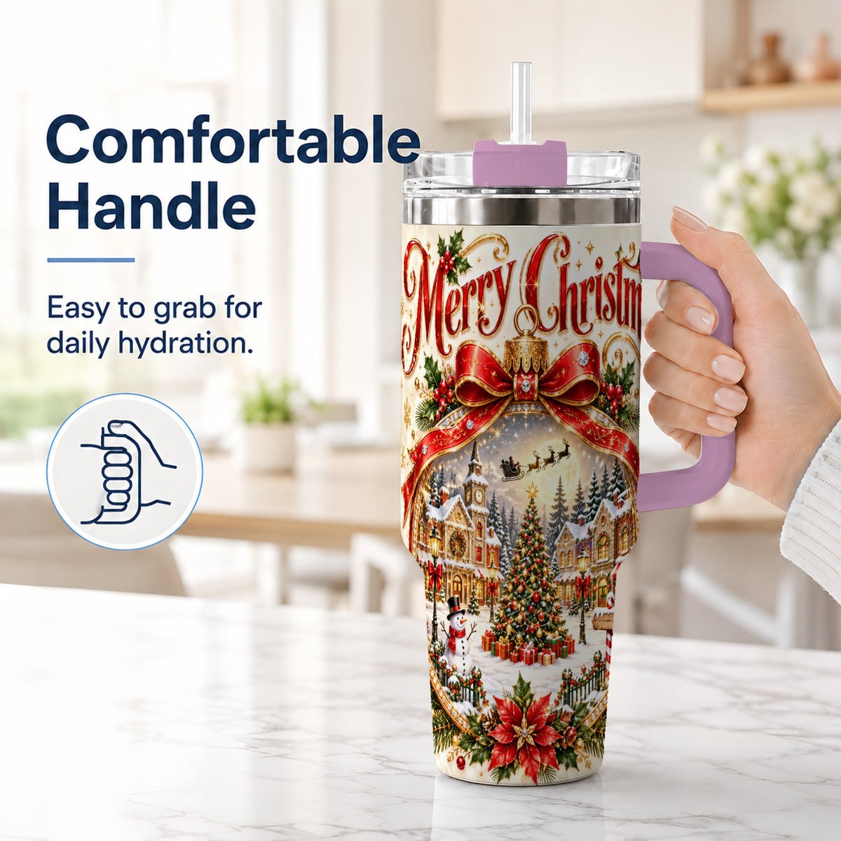 #pl[40oz|Pink] Christmas Village 40oz Tumbler with Handle, Snowy Holiday Scene