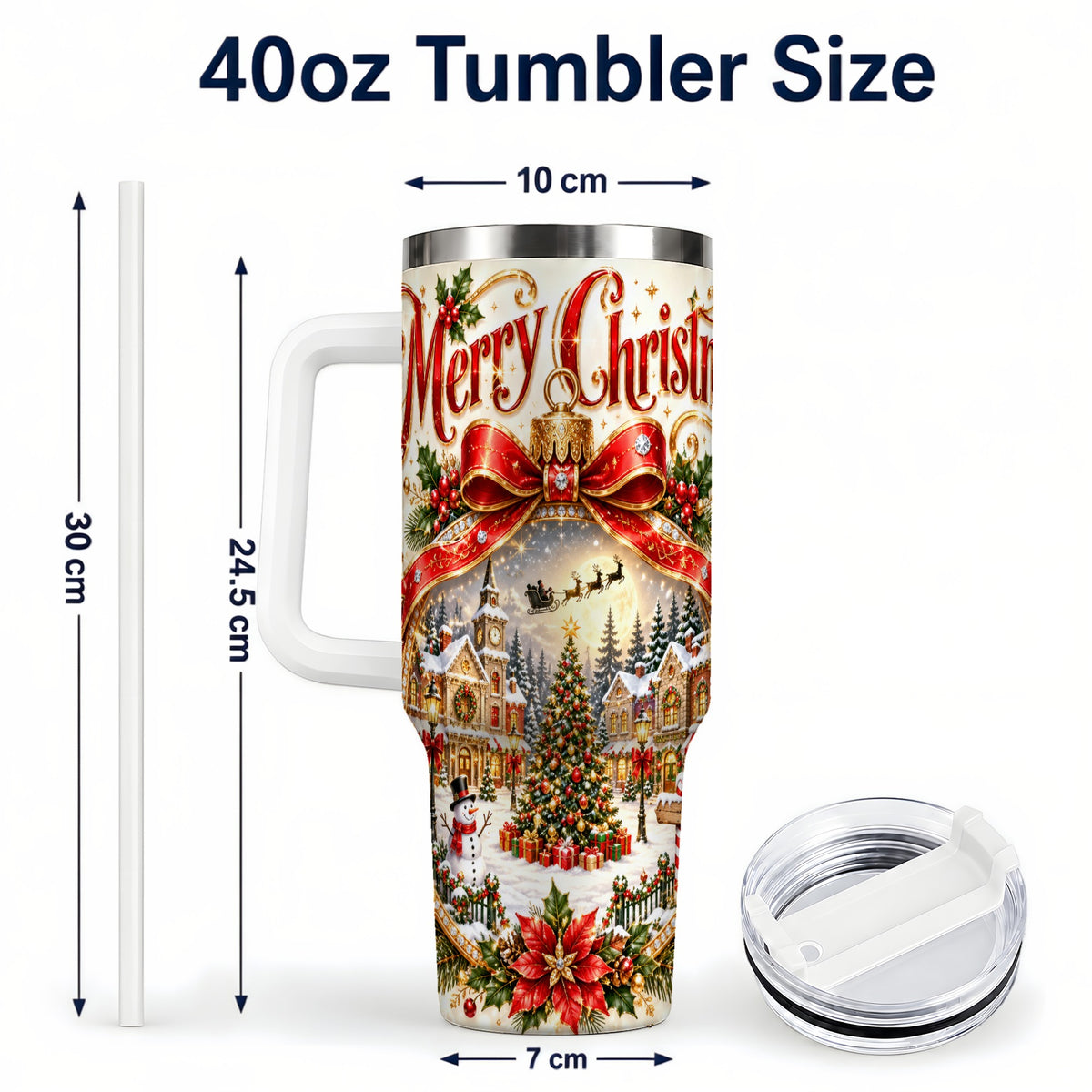 #pl[40oz|White] Christmas Village 40oz Tumbler with Handle, Snowy Holiday Scene