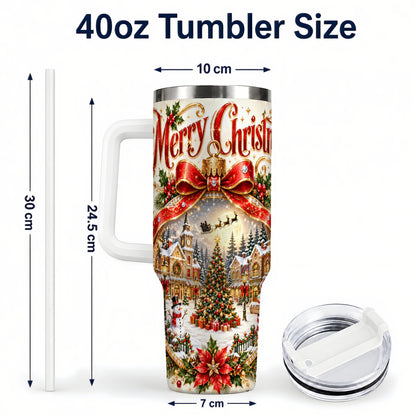 #pl[40oz|White] Christmas Village 40oz Tumbler with Handle, Snowy Holiday Scene