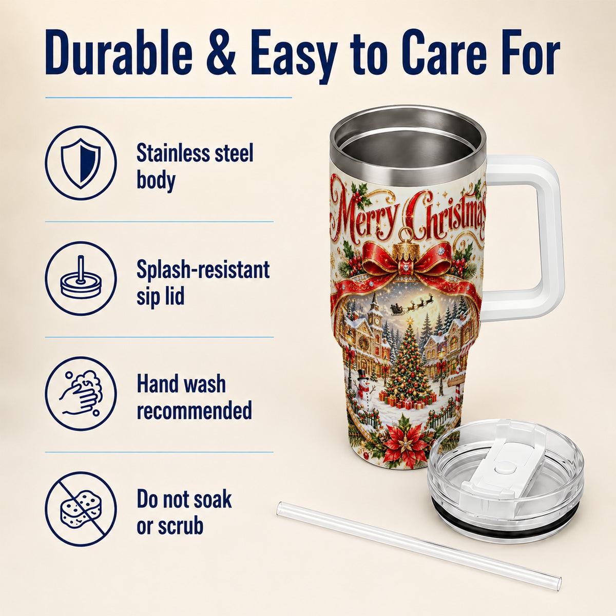 Christmas Village 40oz Tumbler with Handle, Snowy Holiday Scene