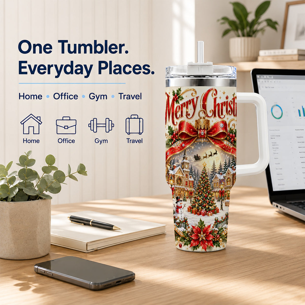 Christmas Village 40oz Tumbler with Handle, Snowy Holiday Scene