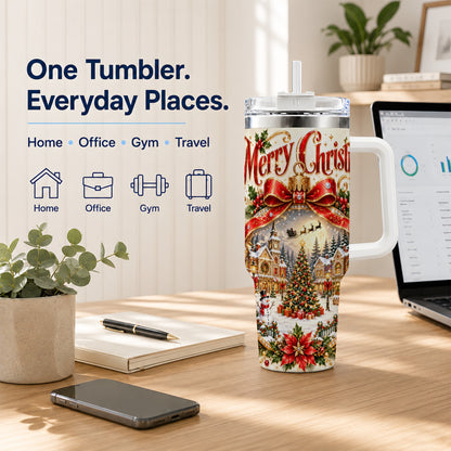 Christmas Village 40oz Tumbler with Handle, Snowy Holiday Scene