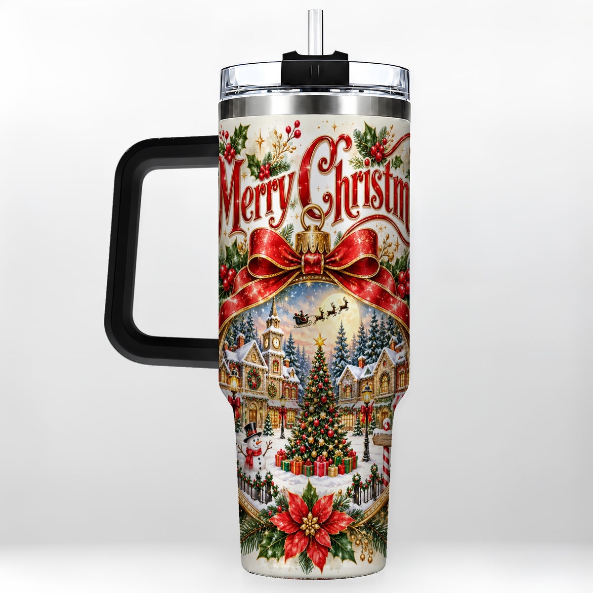 #pl[40oz|Black] Christmas Village 40oz Tumbler with Handle, Botanical Winter Art