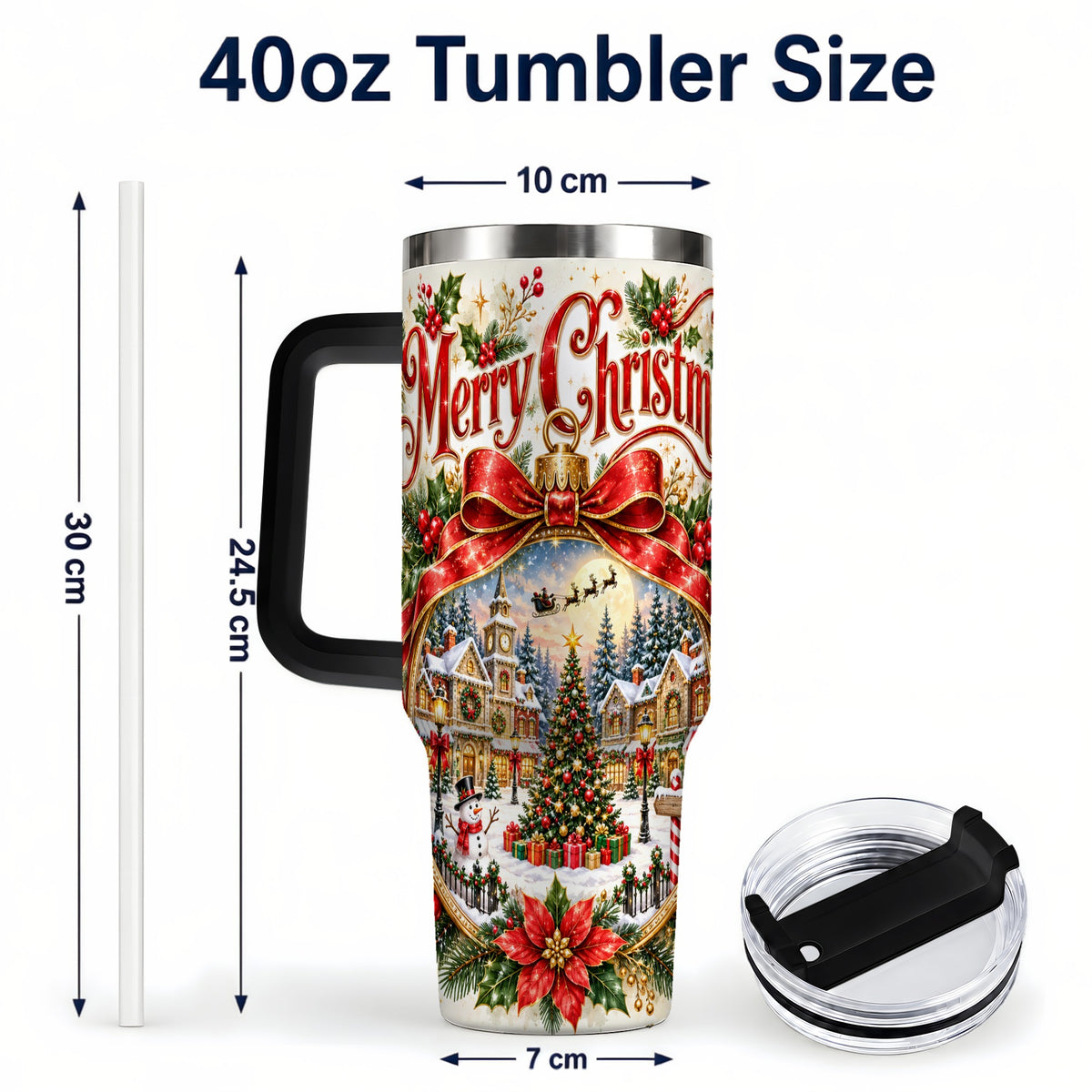 #pl[40oz|Black] Christmas Village 40oz Tumbler with Handle, Botanical Winter Art