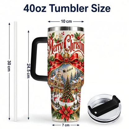 #pl[40oz|Black] Christmas Village 40oz Tumbler with Handle, Botanical Winter Art