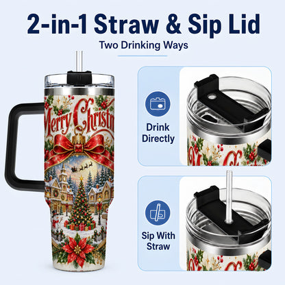 #pl[40oz|Black] Christmas Village 40oz Tumbler with Handle, Botanical Winter Art