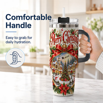 #pl[40oz|Black] Christmas Village 40oz Tumbler with Handle, Botanical Winter Art